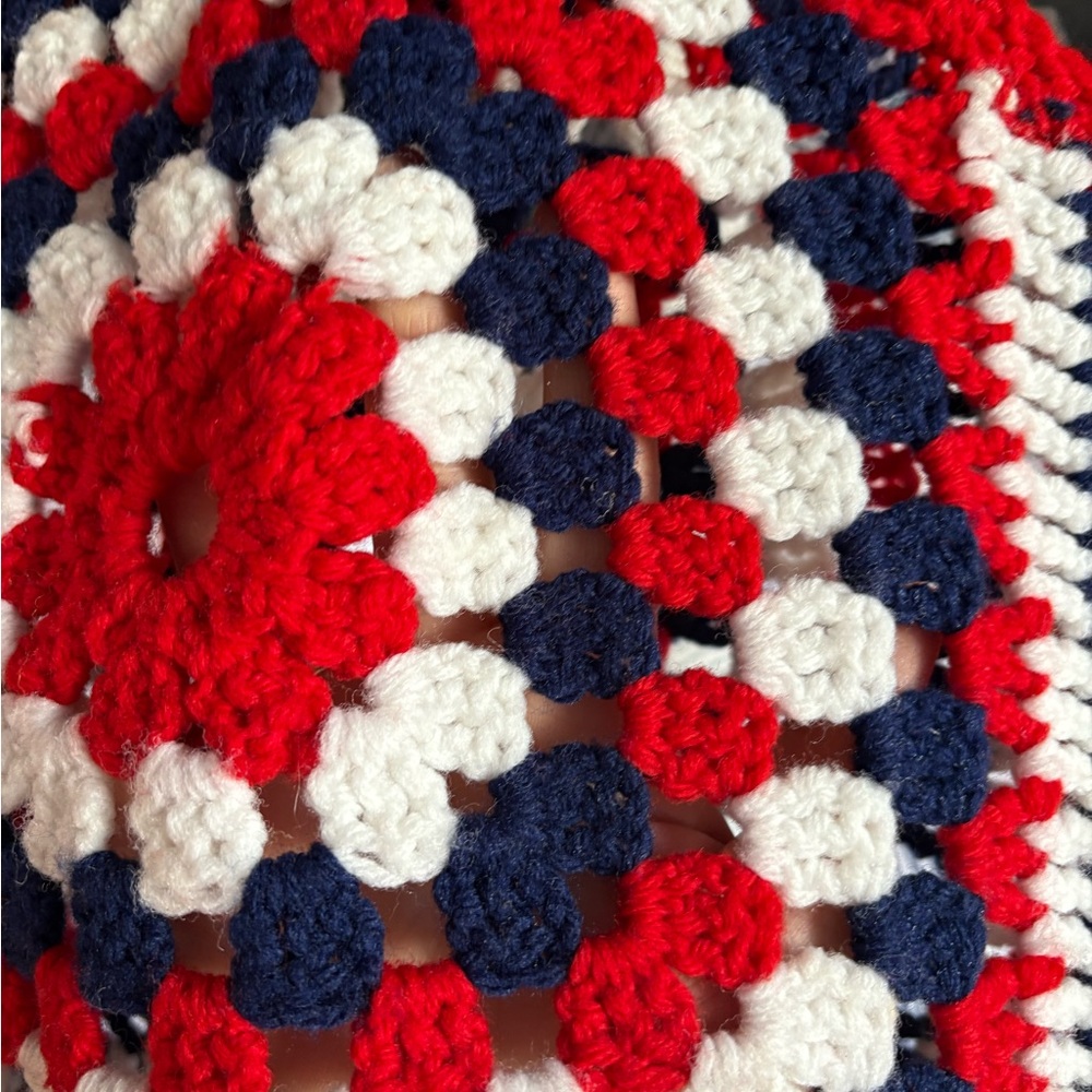 Vintage 70s Red, White, and Blue Crochet Granny Squares Patriotic Tank Top Vest - Picture 9 of 13